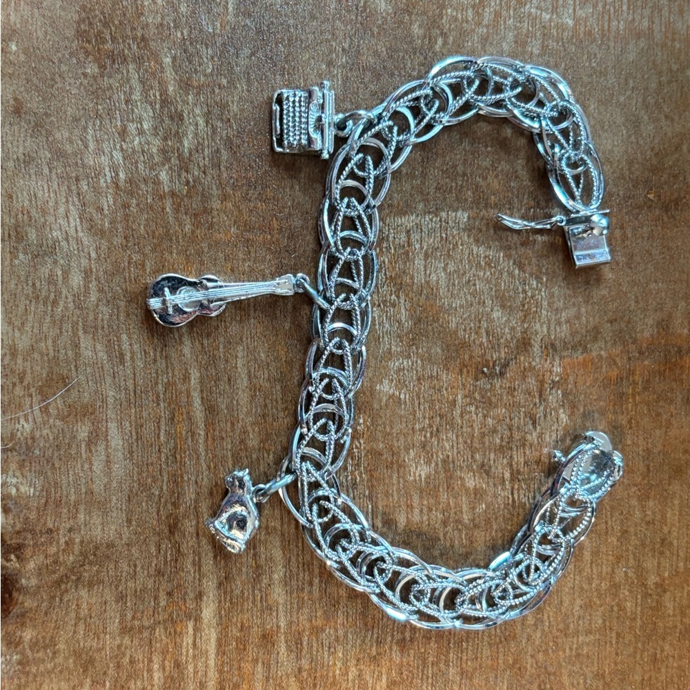 Women's Sterling Silver Charm Bracelet, Markings E.J. STG + 3 Silver Charms